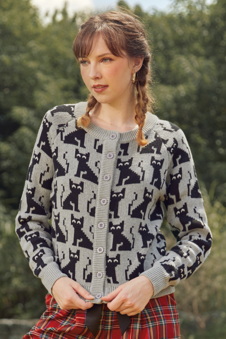 Notes of Nostalgia Crewneck Cat Cardigan, Alternate, color, Cozy Clouds