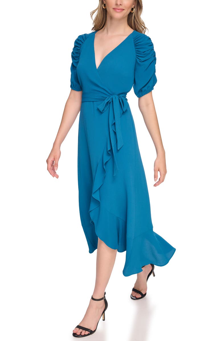 Kensie Pebble Puff Sleeve Crepe Faux Wrap Dress, Alternate, color, Teal