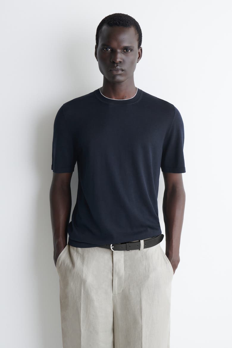 Contrast-tipped Silk-cotton T-shirt, Main, color, NAVY