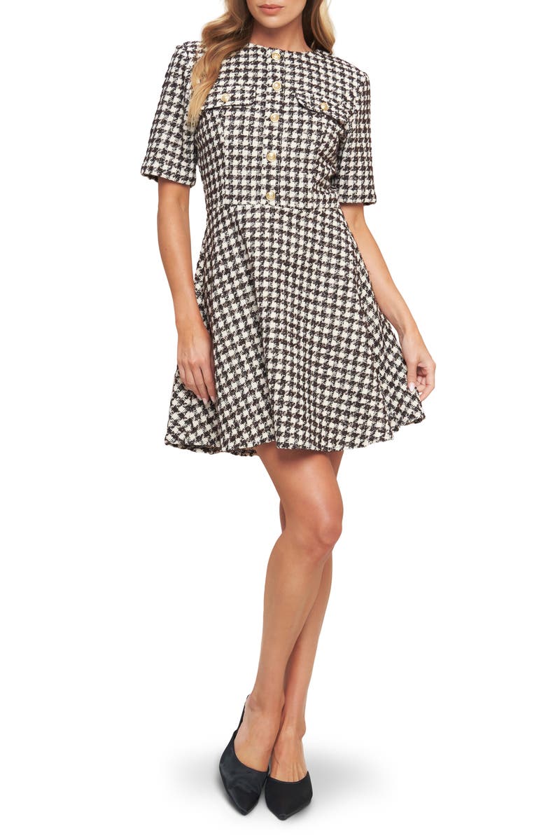 FLYING TOMATO Short Sleeve Tweed Minidress, Main, color, Ivory Brown