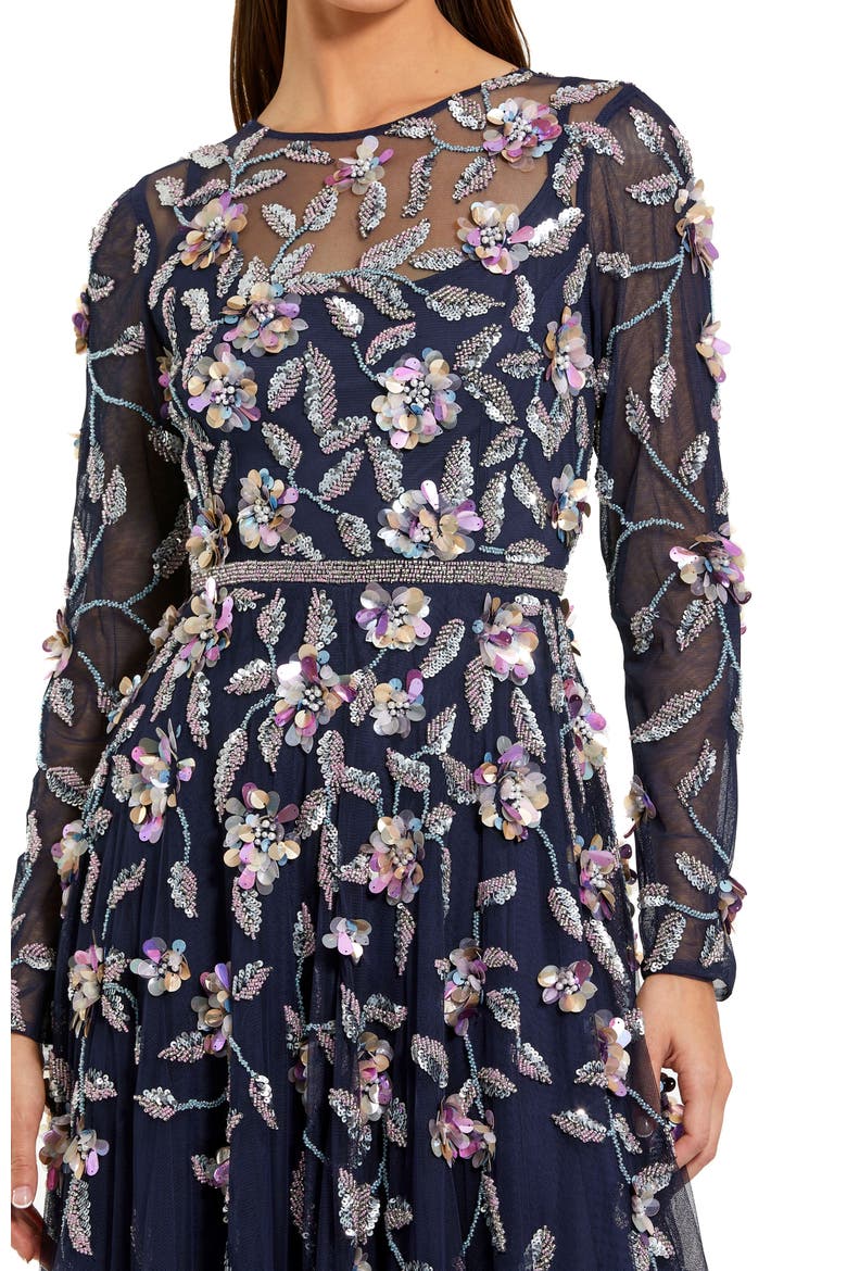 Long Sleeve Mesh Gown With Floral Detail, Alternate, color, Midnight Multi