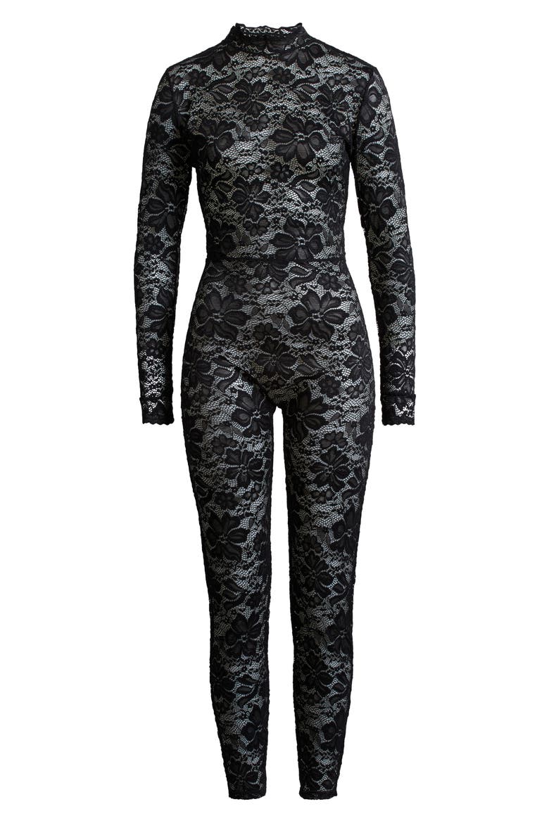 Long Sleeve Floral Lace Catsuit, Alternate, color, BLACK