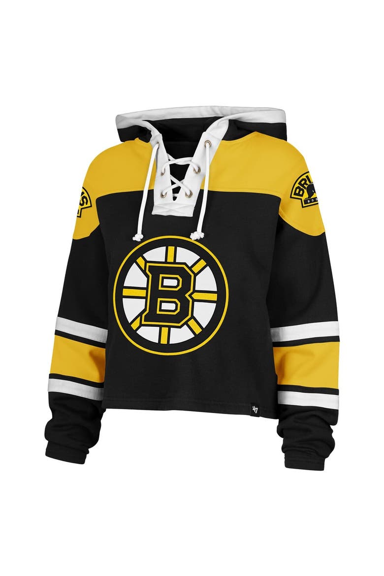 Women's '47 Black Boston Bruins Cropped Superior Lacer Pullover Hoodie, Alternate, color, Black