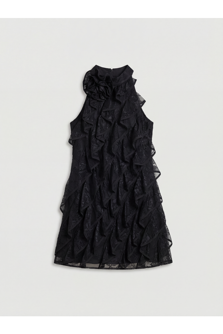 Lace Frill Mini Dress, Alternate, color, Black