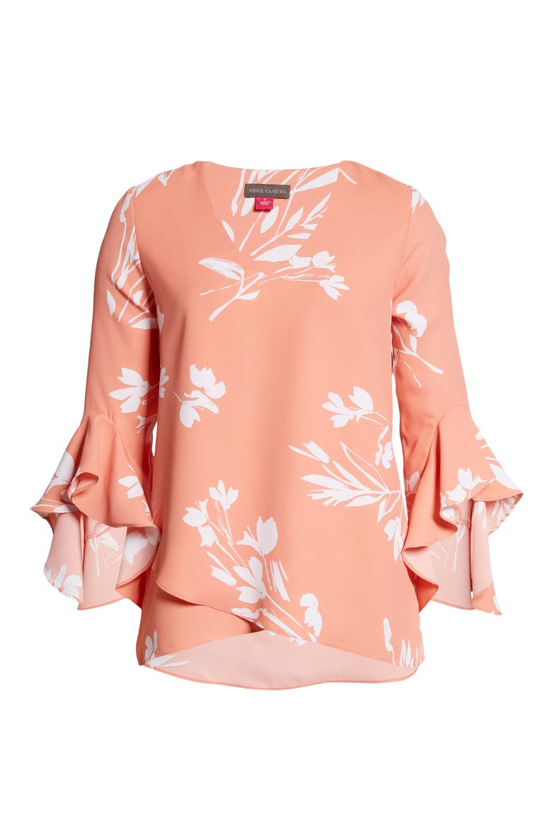 Floral Print Trumpet Sleeve Top, Alternate, color, CORAL