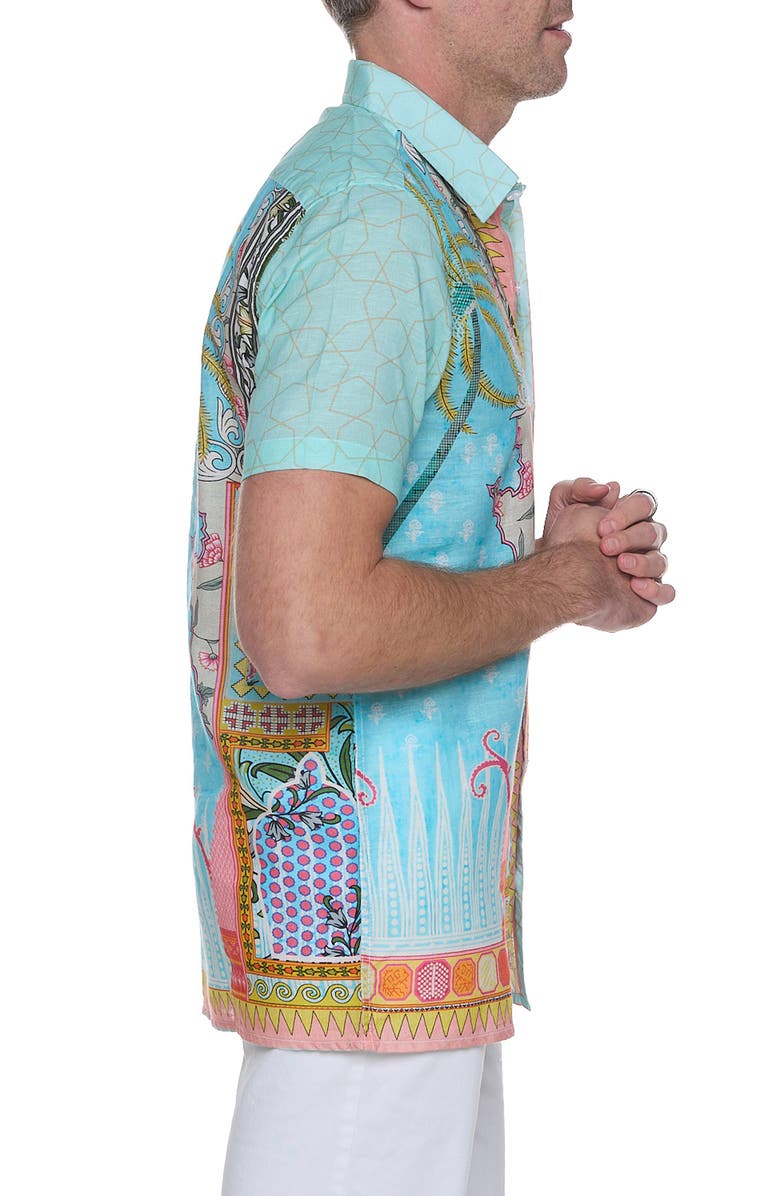 RANEES Extra Trim Fit Print Linen & Cotton Camp Shirt, Alternate, color, Green