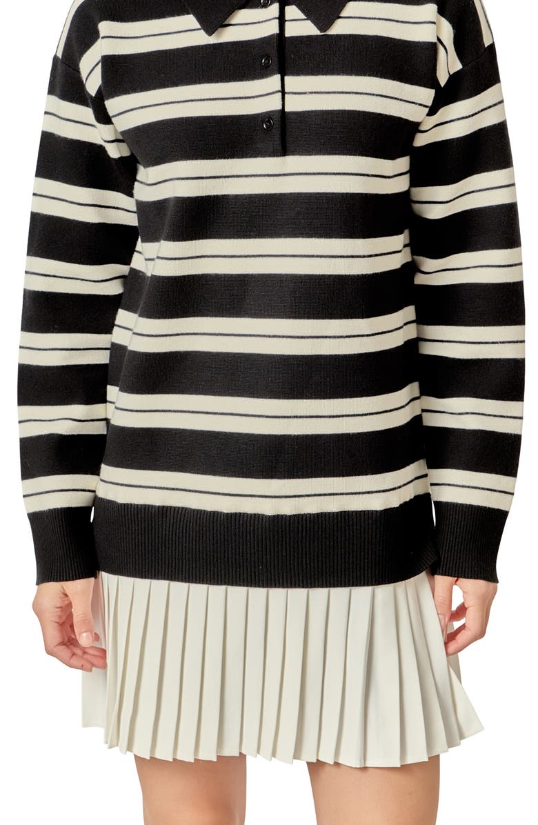 English Factory Stripe Mixed Media Long Sleeve Polo Dress, Alternate, color, Black/ Cream