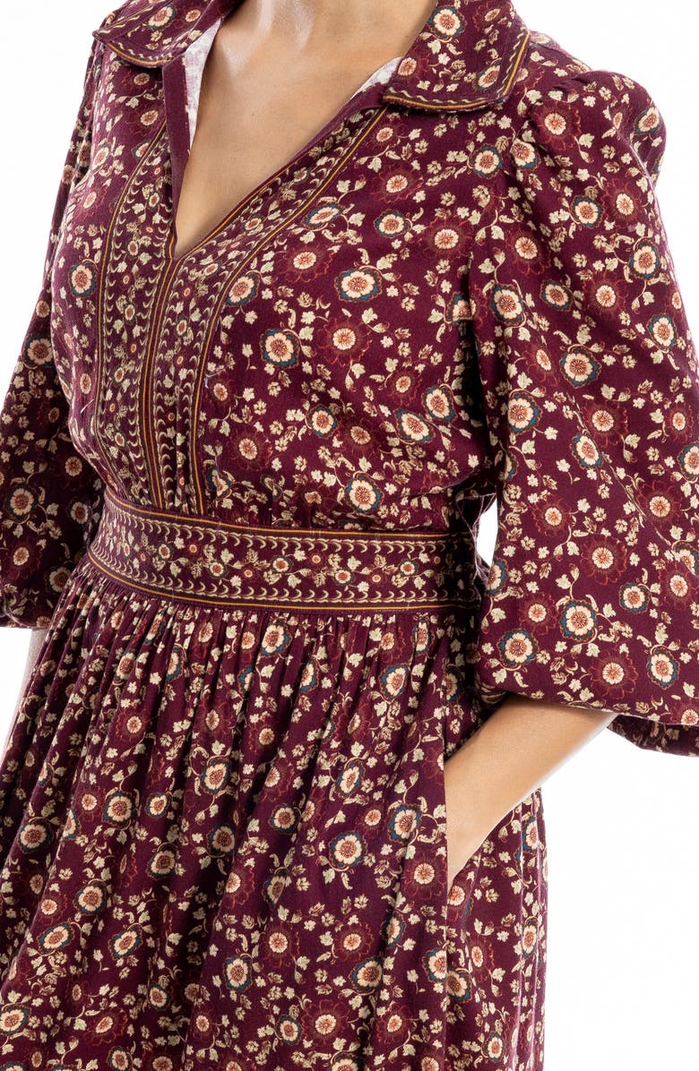 MAX STUDIO Bubble Sleeve Midi Dress, Alternate, color, Burgundy/Beige Garden Tapestry
