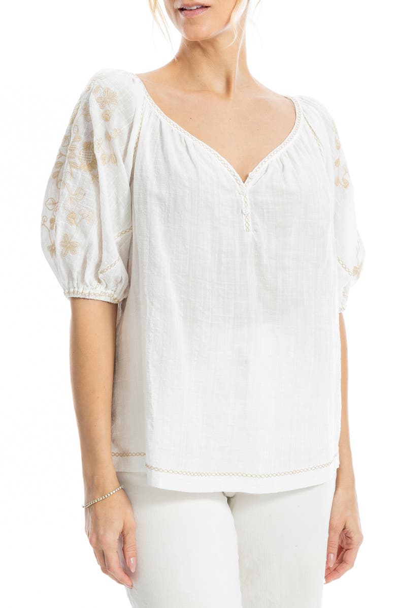 MAX STUDIO Embroidered Puff Sleeve Top, Main, color, White Khaki Sunflower