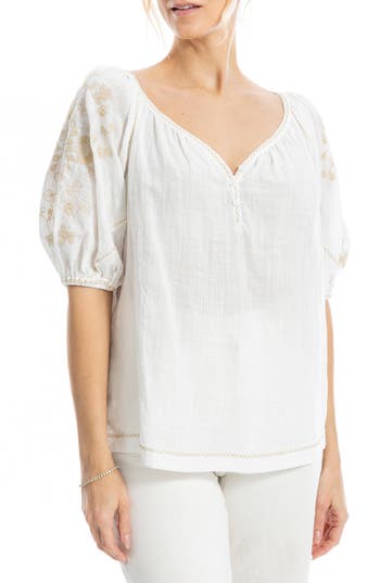 Max Studio Embroidered Puff Sleeve Top