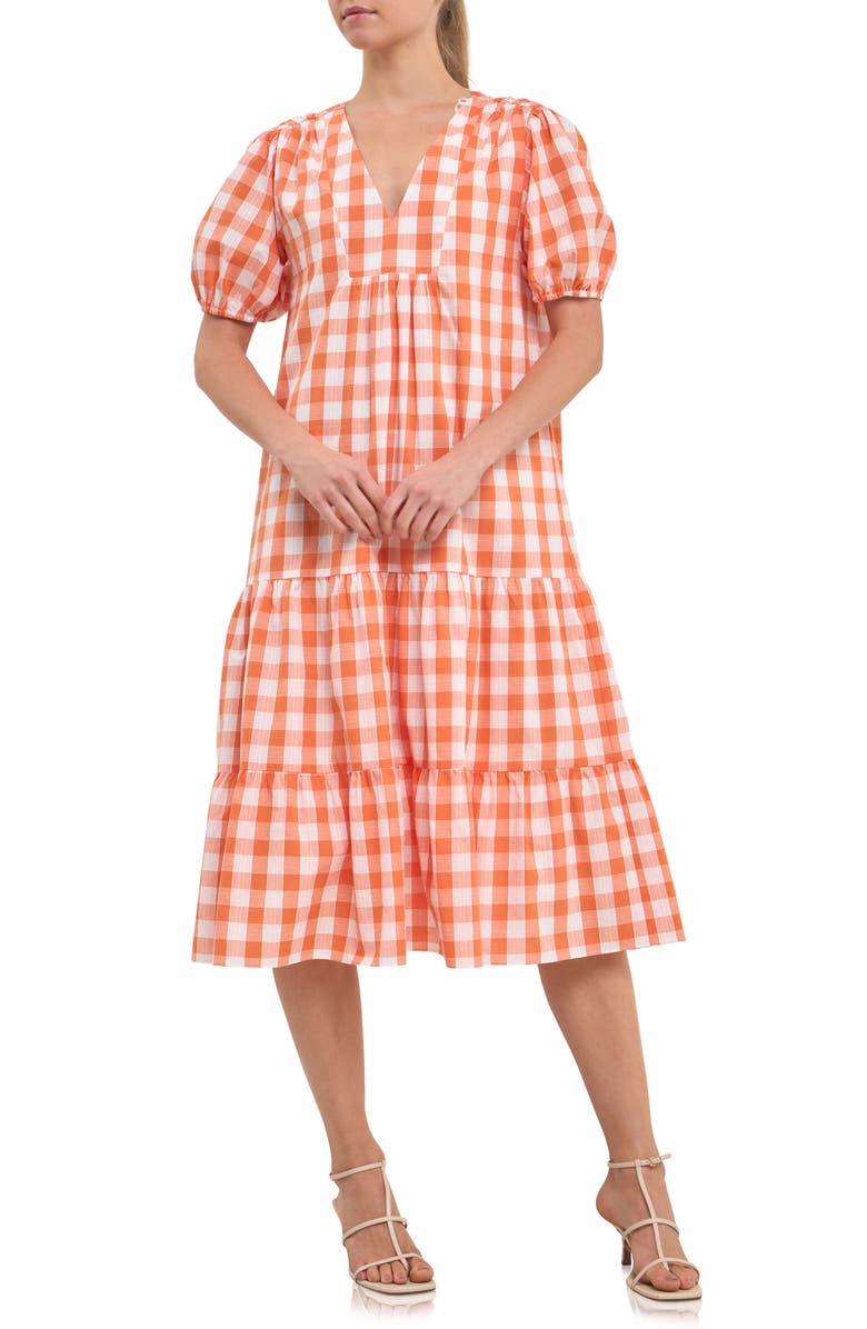 English Factory Gingham Puff Sleeve Midi Dress, Main, color, 