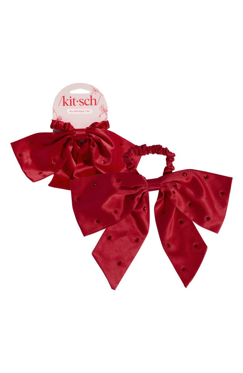 Kitsch Satin Rhinestone Bow Scrunchie, Alternate, color, Red