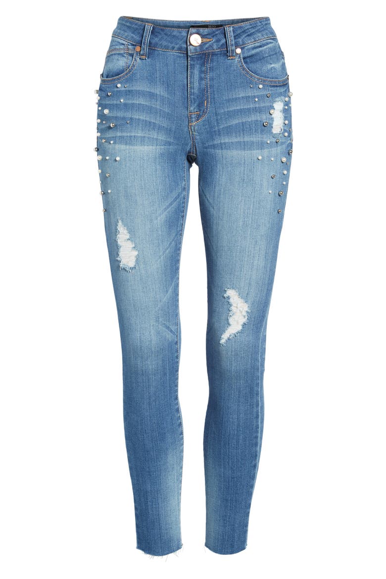 Pearl Detail Skinny Jeans, Alternate, color, SALLY BLUE