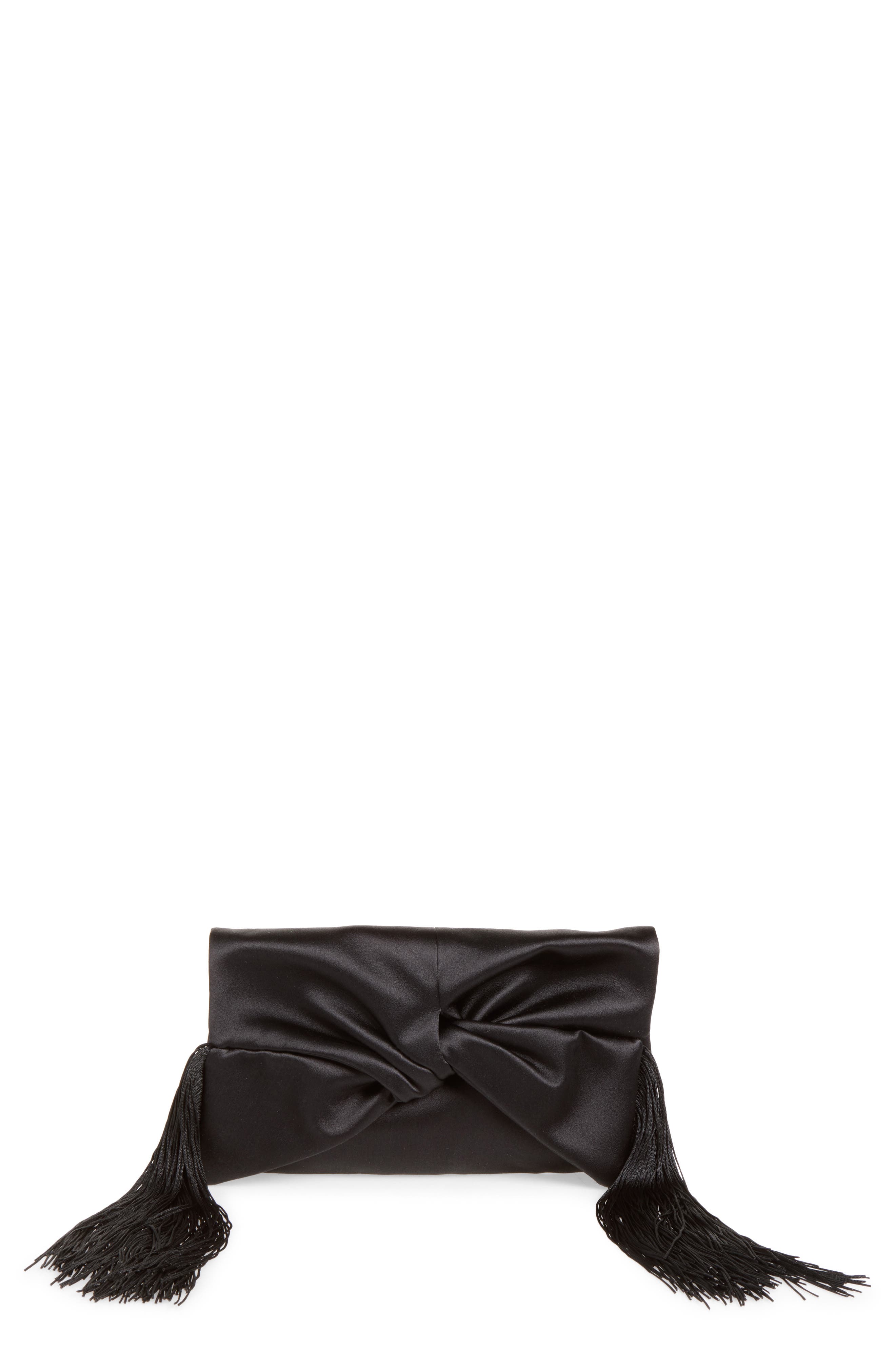Bow Fringe Satin Clutch, Main, color, BLACK