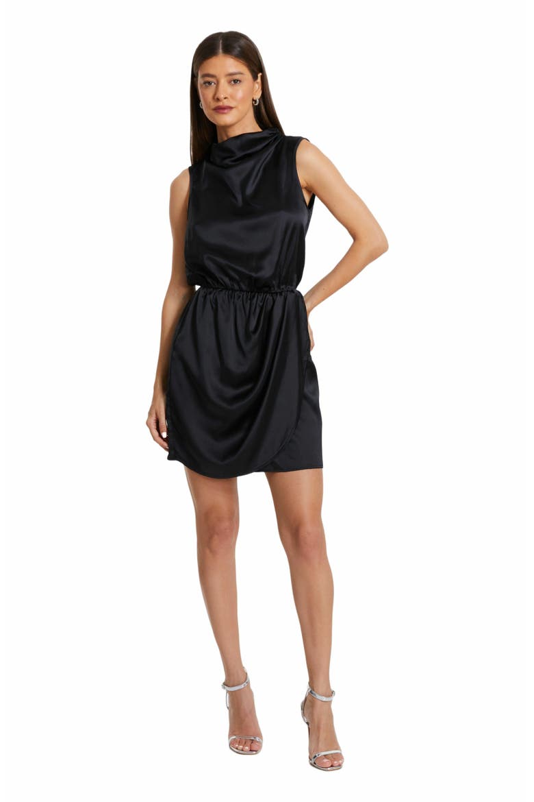 Sleeveless Ruched Satin Mini Dress, Main, color, Black