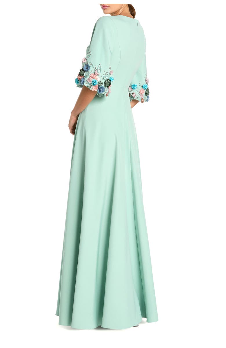 Mac Duggal Stretch Satin Elbow Sleeve Gown With Flower Trim, Alternate, color, Sage