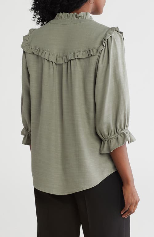 Democracy Ruffle Yoke Three-quarter Sleeve Shirt In Deep Seagrass