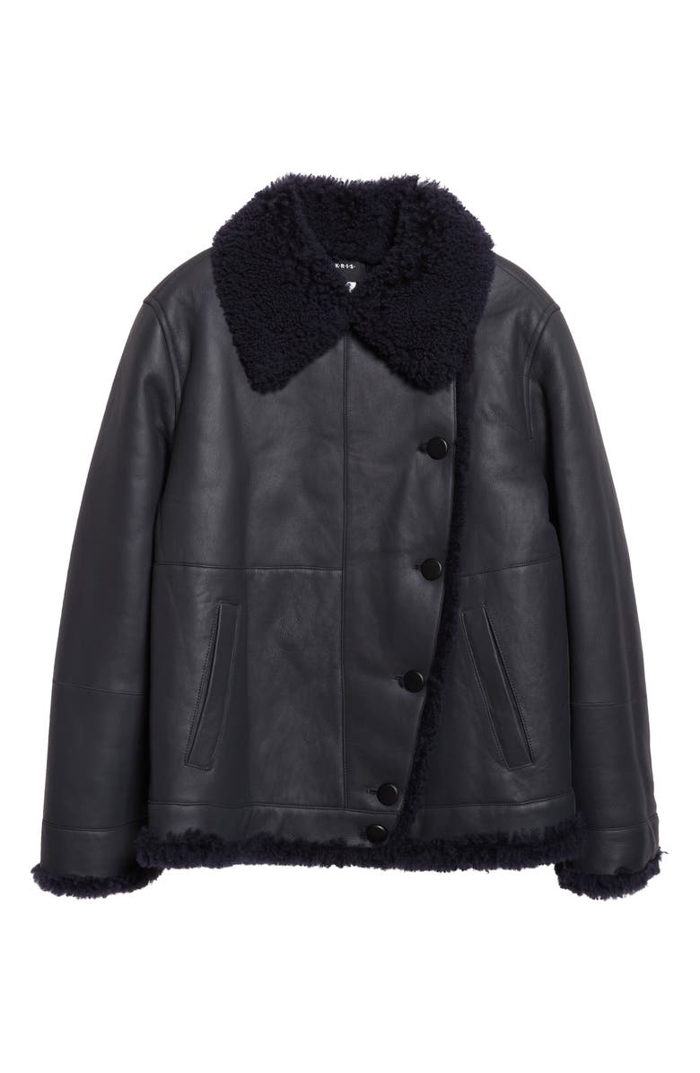 Akris Arno Genuine Shearling Lined Leather Jacket, Alternate, color, Navy