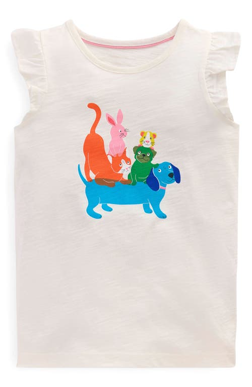 Mini Boden Kids' Pets Ruffle Shoulder Cotton Graphic Tank In Soft Ivory Pets