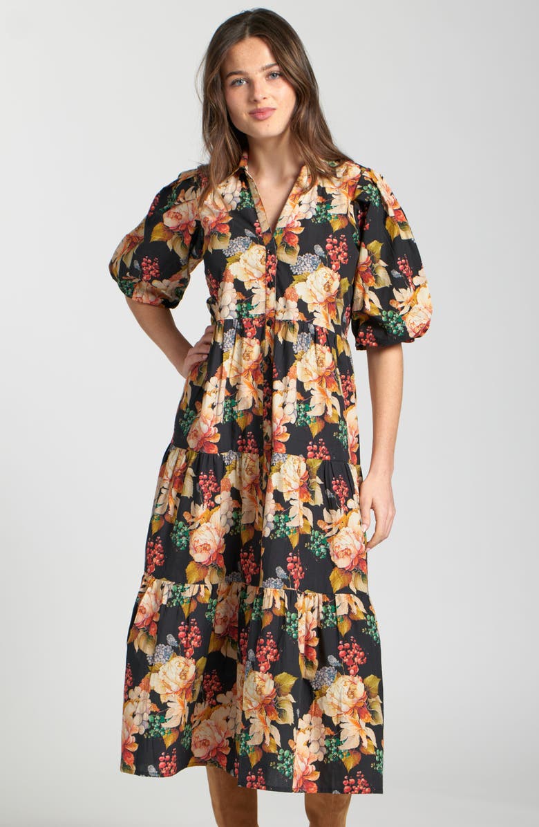 APNY Puff Sleeve Tiered Shirtdress, Alternate, color, Black Multi