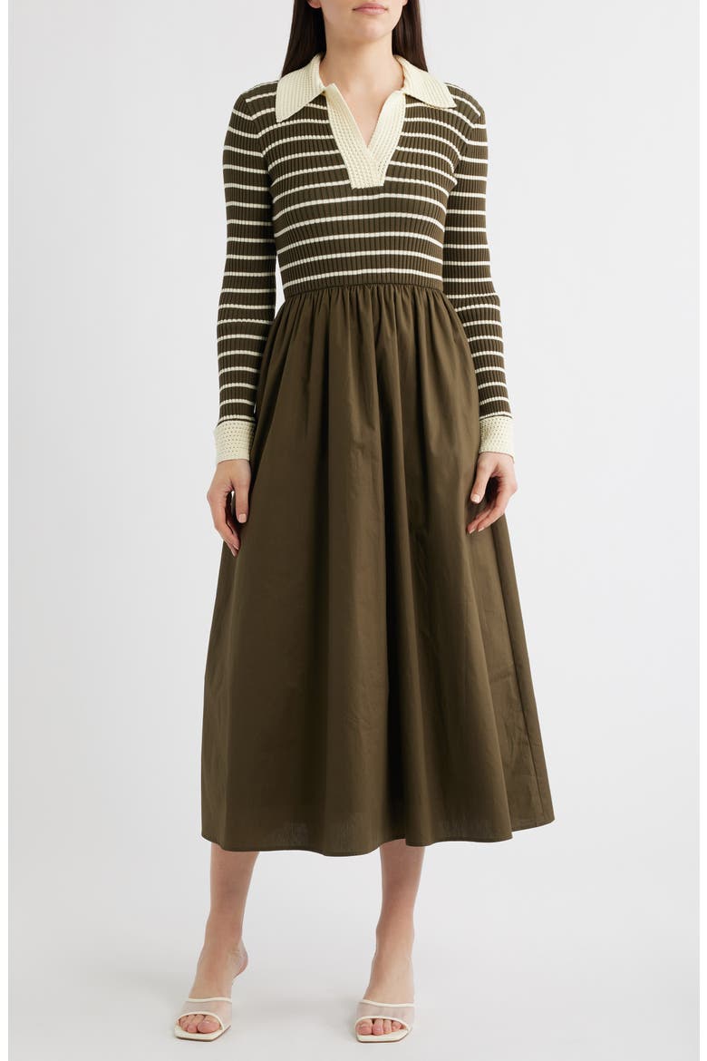 Stripe Long Sleeve Twofer Midi Dress, Main, color, DARK OLIVE
