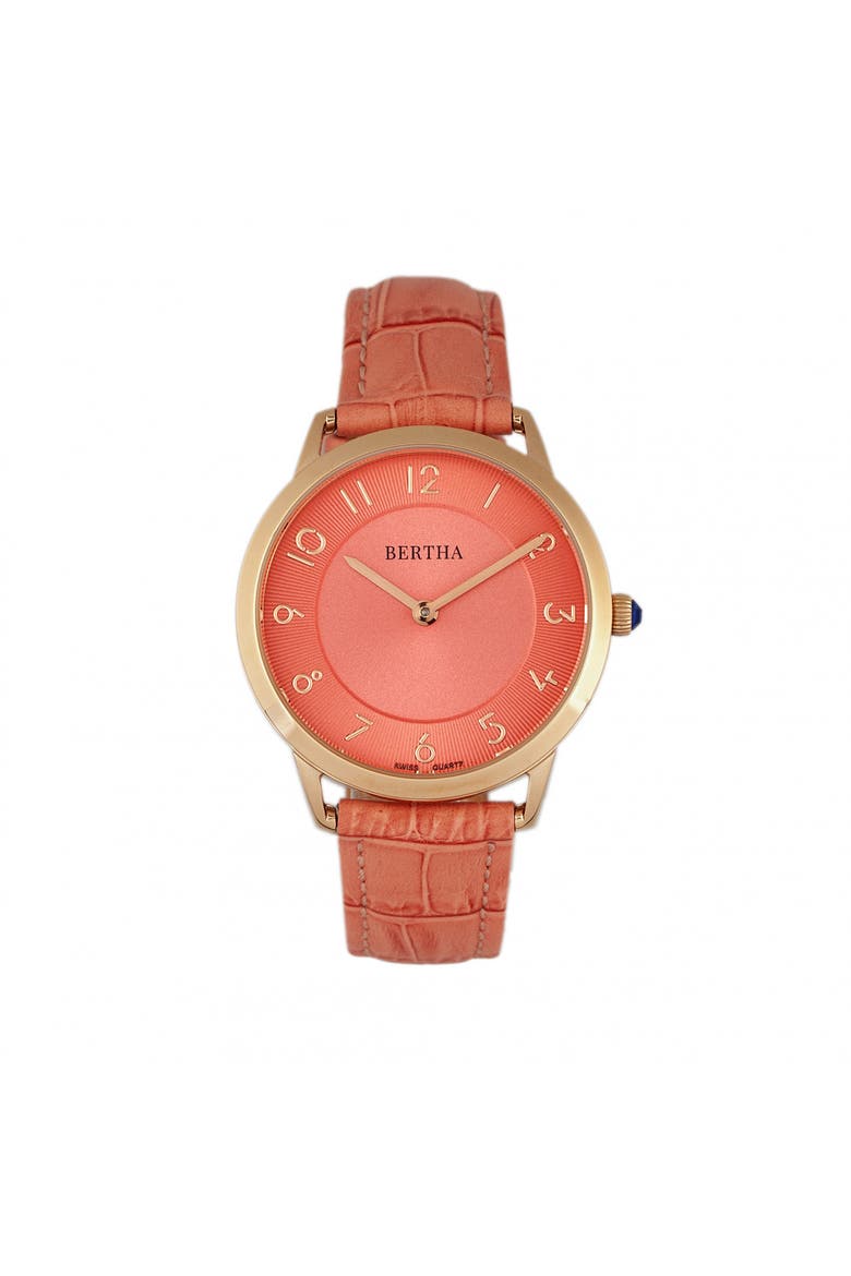 Abby Swiss Leather-Band Watch, Main, color, Rose Gold/Coral