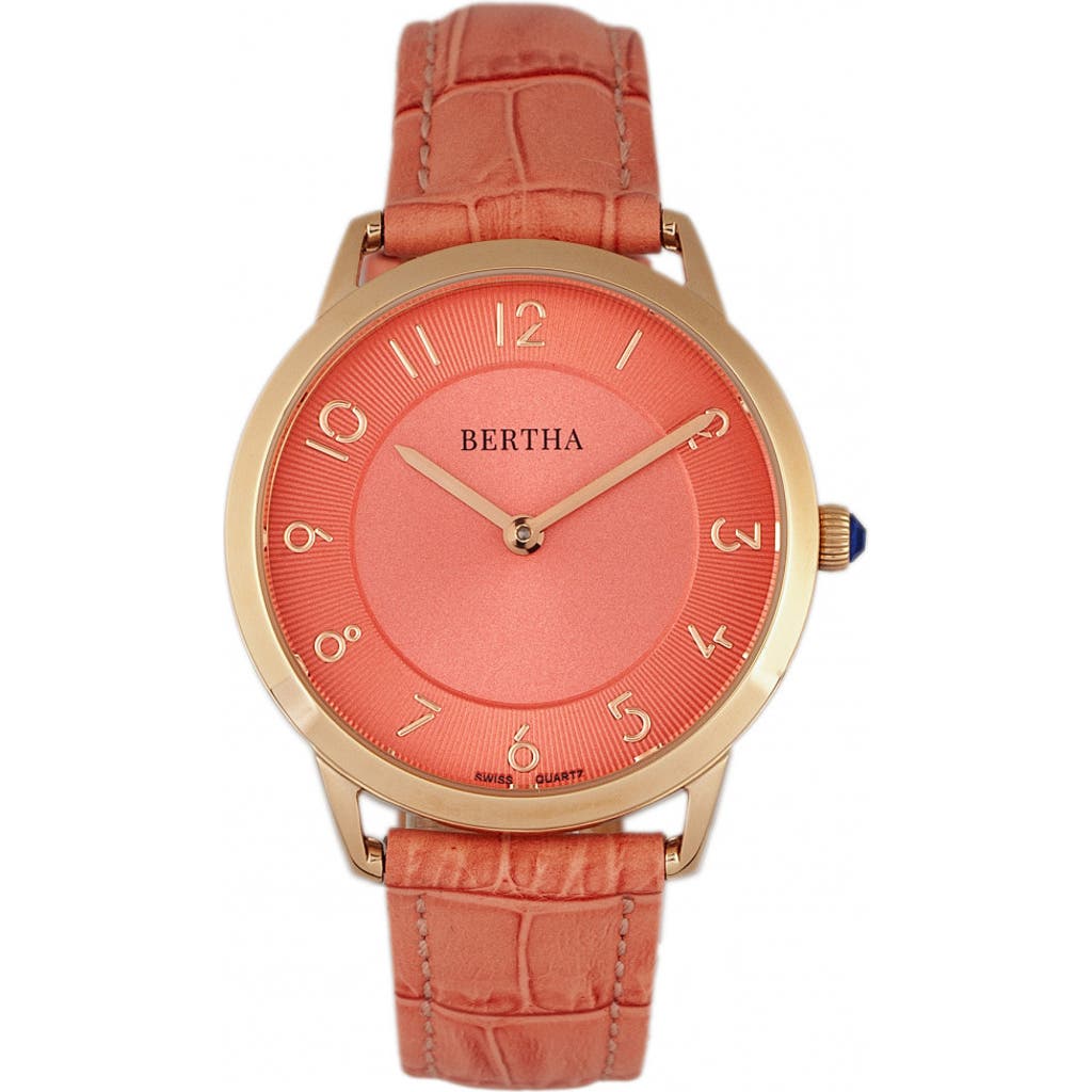 Bertha Abby Swiss Leather-band Watch In Rose Gold/coral