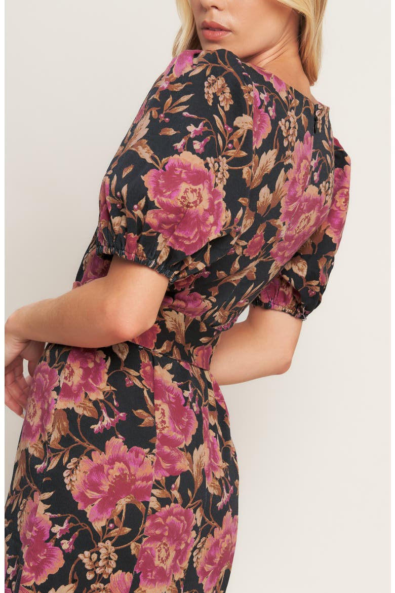Floral Print Puff Sleeve Midi Dress, Alternate, color, BLACK