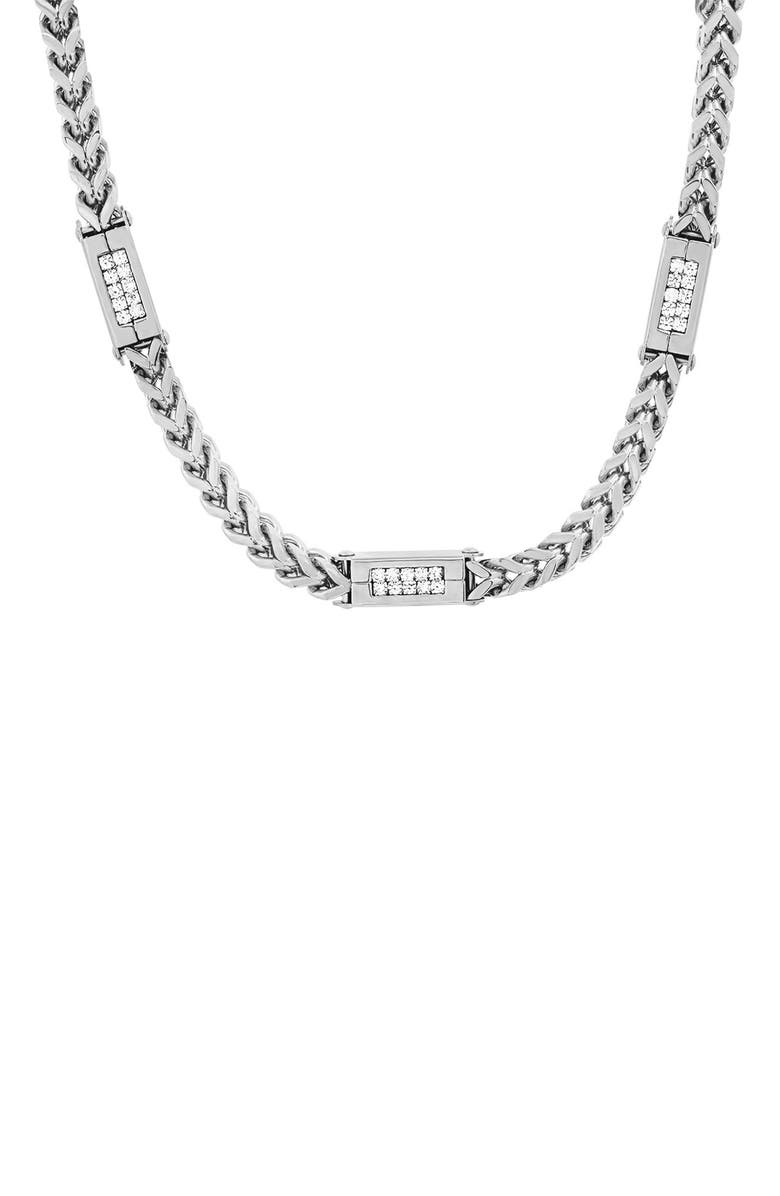 HMY JEWELRY Stainless Steel Simulated Diamond Wheat Chain Necklace, Alternate, color, Metallic