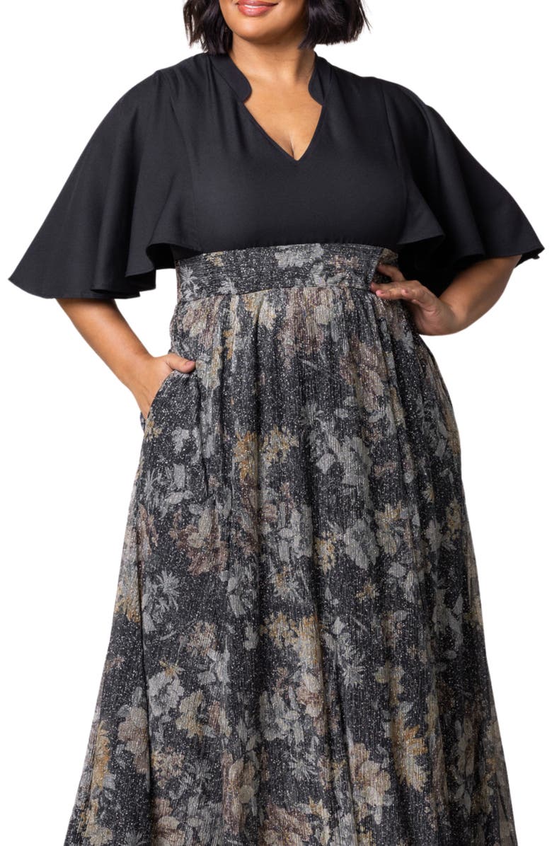 Kiyonna Avisa Flutter Sleeve Maxi Dress, Alternate, color, Gilded Florals