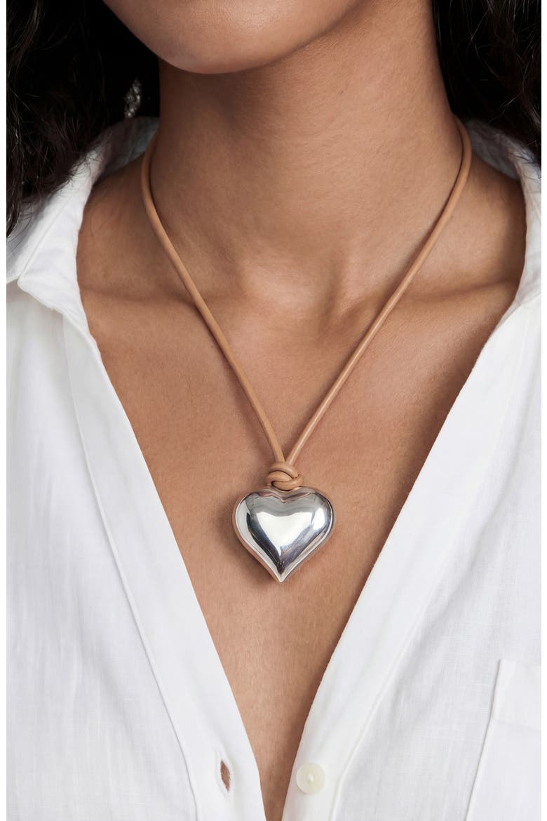 Puffy Heart Pendant Necklace, Alternate, color, TAN AND SILVER