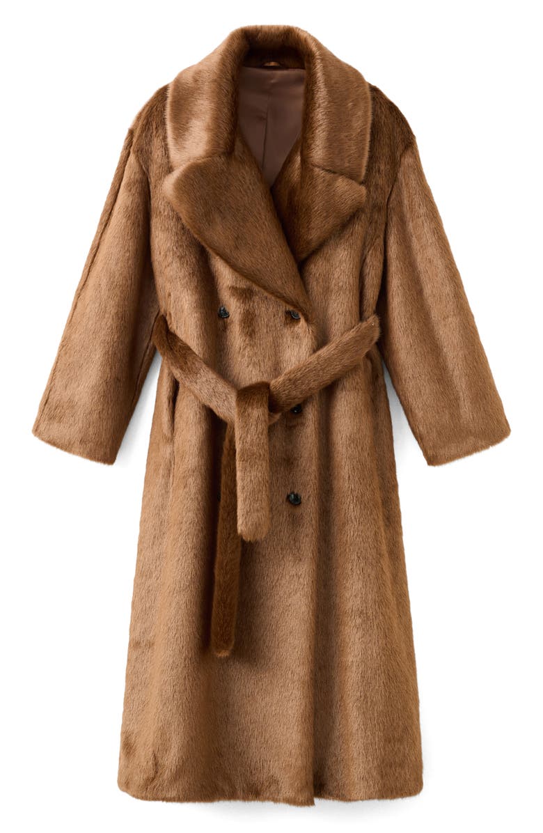 MANGO Faux Fur Belted Coat, Alternate, color, Medium Brown