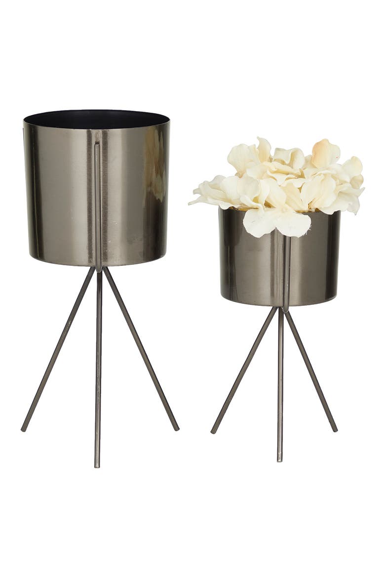 Dark Gray Metal Small Planter with Removable Stand - Set of 2, Alternate, color, DARK GREY