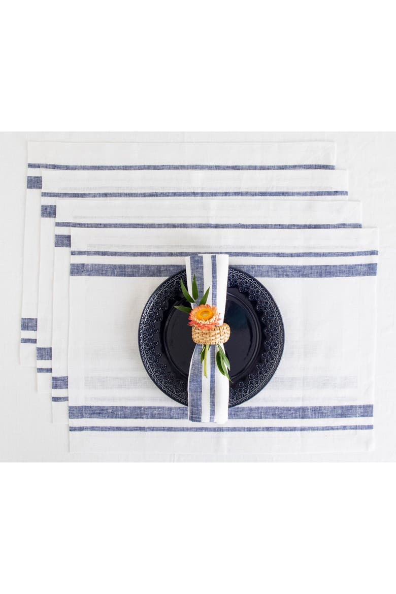 Linen Placemats Set of 4, 14 x 19" - French Stripe, Main, color, Navy and White
