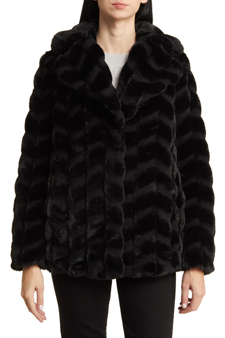 Grooved Herringbone Faux Fur Jacket, Main, color, BLACK
