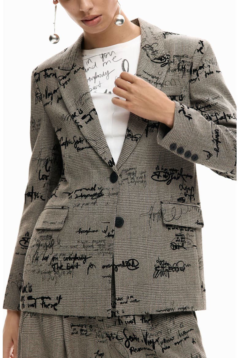 Lettering Print Houndstooth Single Breasted Blazer, Alternate, color, BLACK MULTI