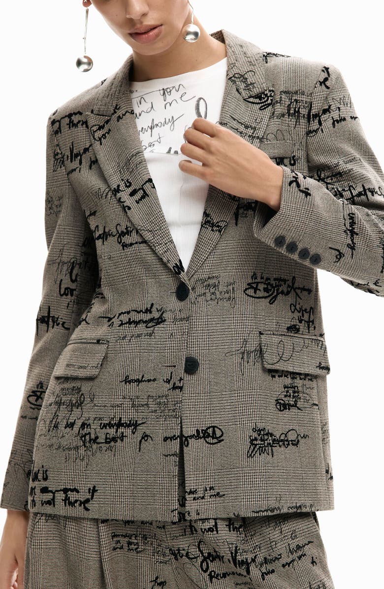 Desigual Embroidered Houndstooth Single Breasted Blazer, Alternate, color, Black Multi