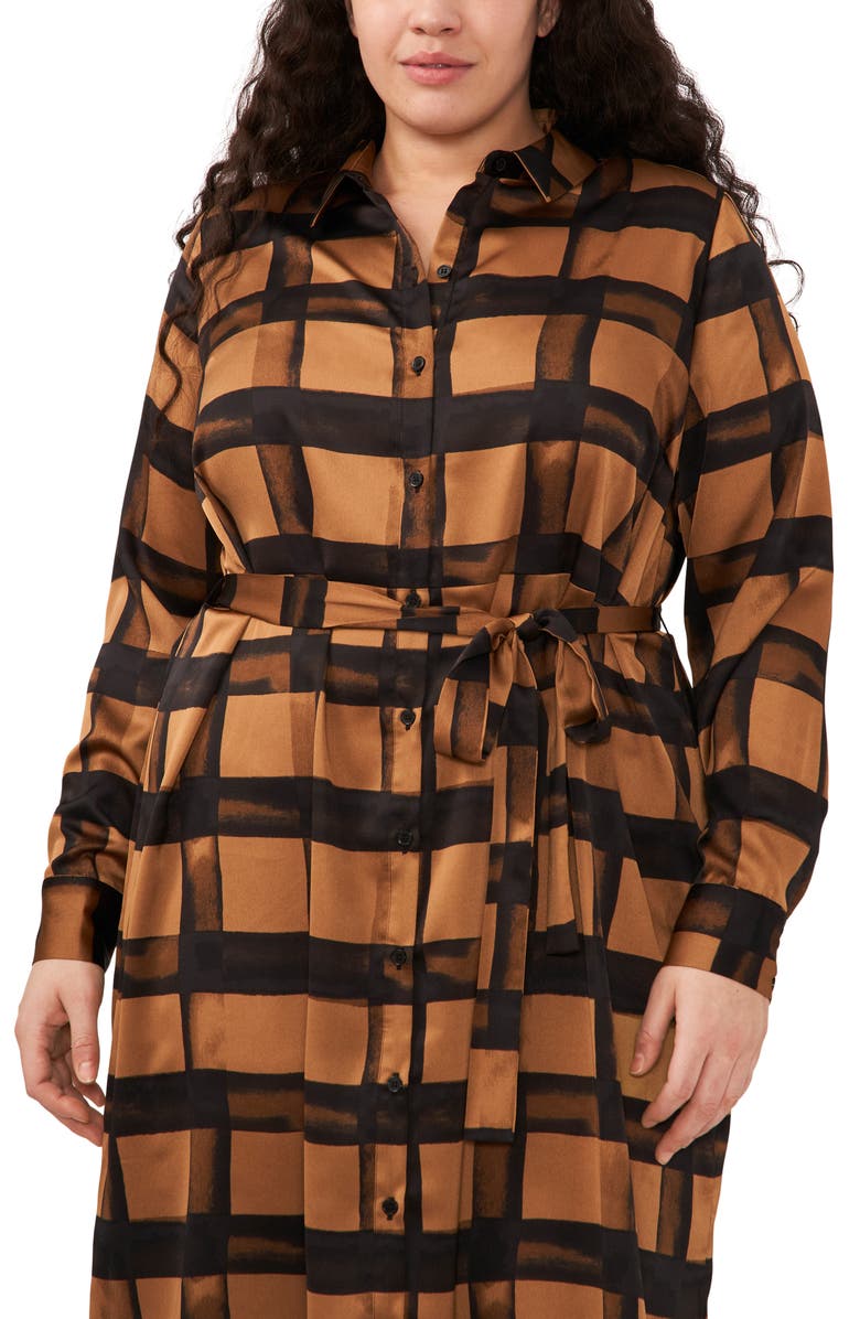 Halogen<sup>®</sup> Grid Pattern Long Sleeve Tie Waist Midi Shirtdress, Alternate, color, 