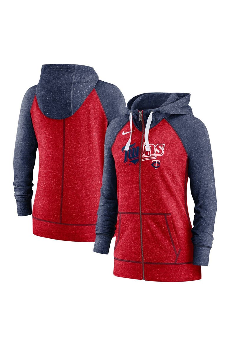Women's Nike Heather Red/Heather Navy Minnesota Twins Split Wordmark Gym Vintage Raglan Lightweight Full-Zip Hoodie, Main, color, Red