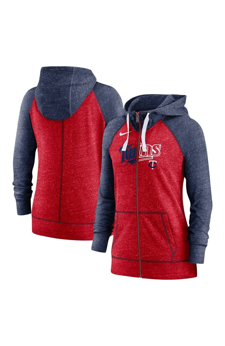 Nike Women's Nike Heather Red/Heather Navy Minnesota Twins Split Wordmark Gym Vintage Raglan Lightweight Full-Zip Hoodie, Main, color, Red