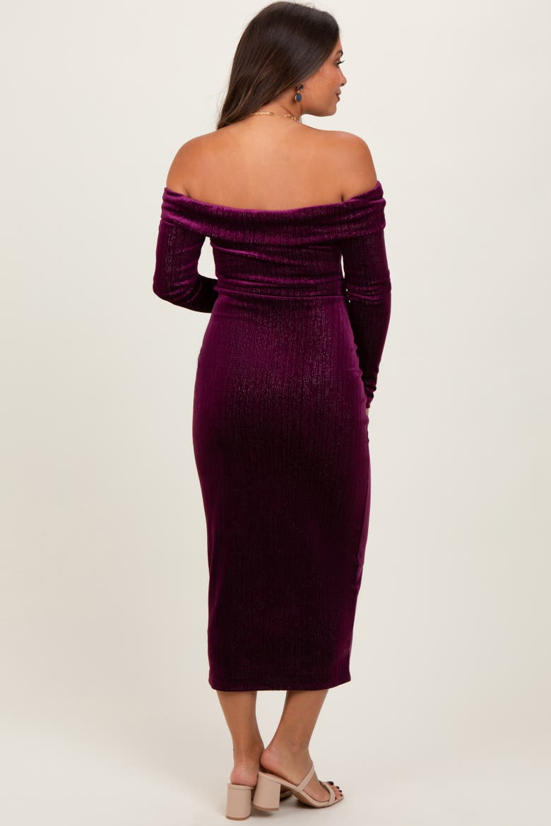 Shiny Velour Off Shoulder Midi Dress, Alternate, color, Plum