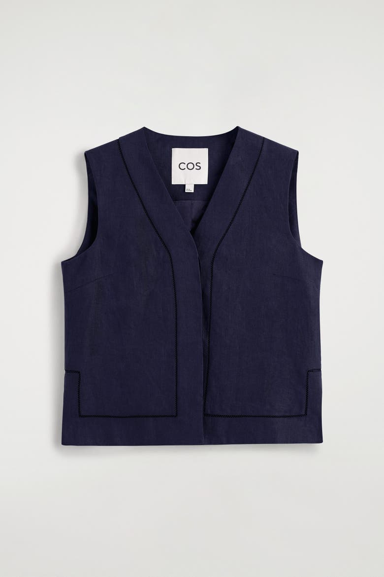 Embroidered-detail Linen Waistcoat, Alternate, color, NAVY