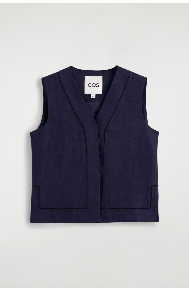 COS Embroidered-detail Linen Waistcoat, Alternate, color, Navy