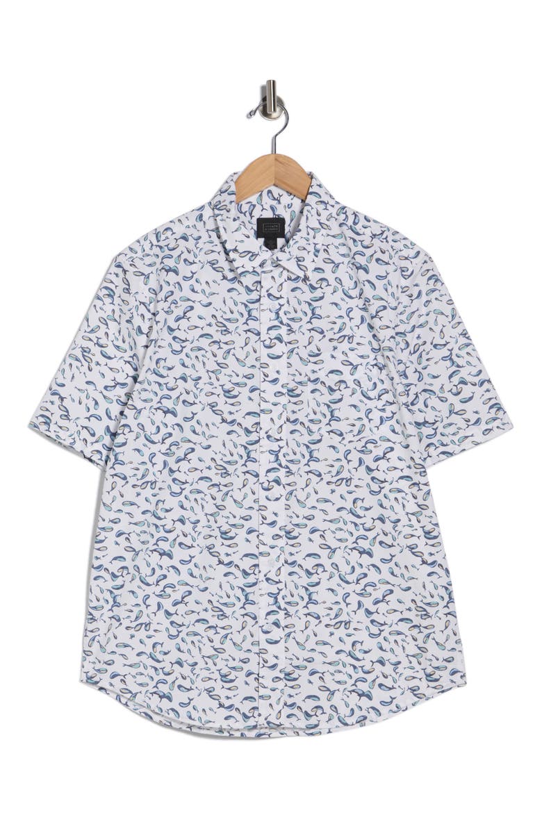 Print Short Sleeve Stretch Poplin Button-Up Shirt, Alternate, color, IVORY WHALE PRINT