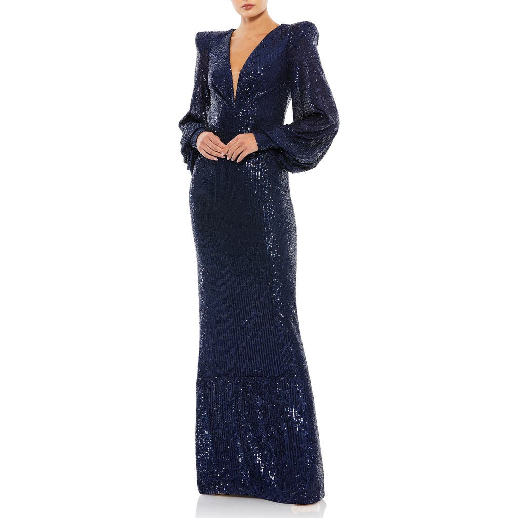 Mac Duggal Sequined Plunge Neck Structured Bishop Sleeve Gown In Midnight