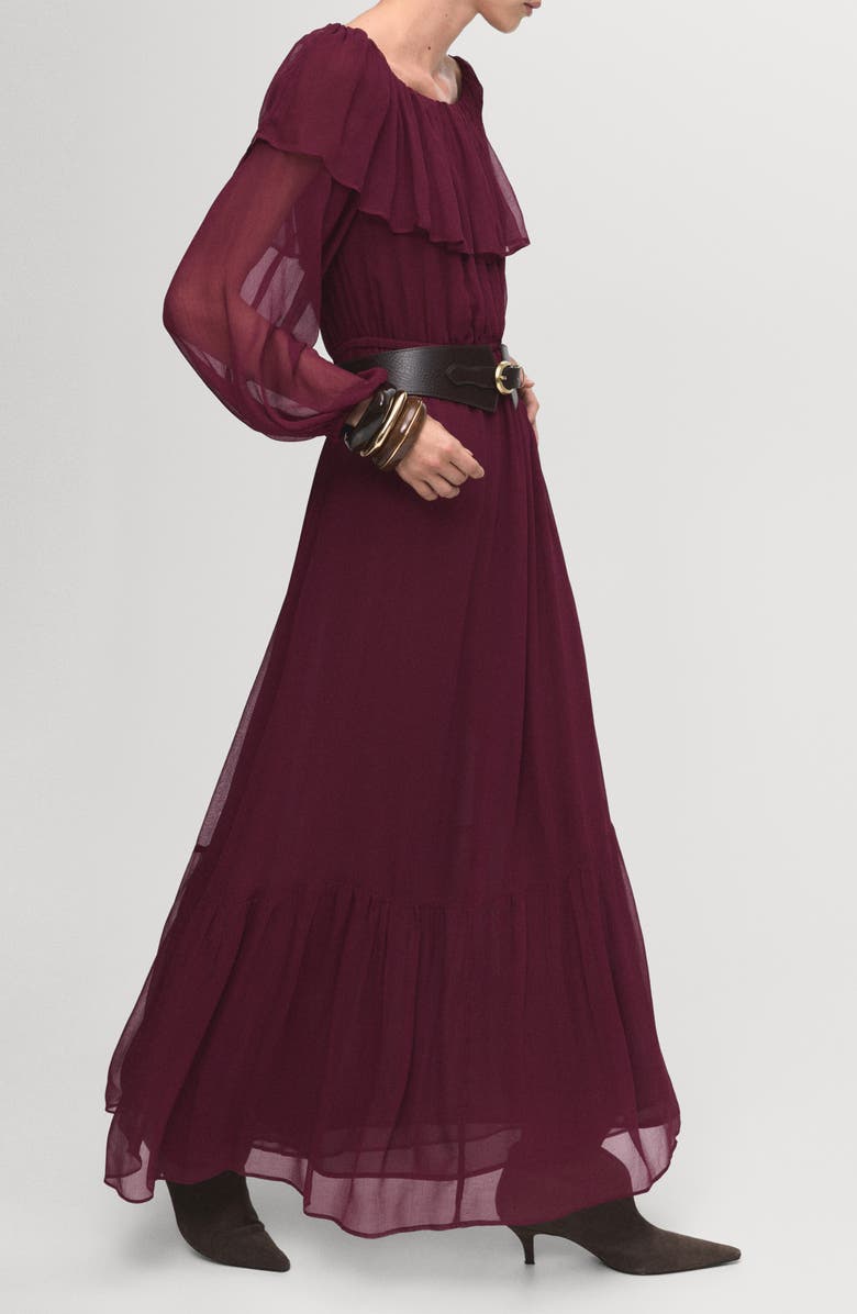 MANGO Ruffle Off the Shoulder Long Sleeve Maxi Dress, Alternate, color, Burgundy