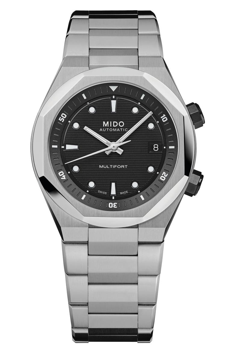 Multifort 8 Two Crowns Automatic Bracelet Watch, 40mm, Main, color, BLACK
