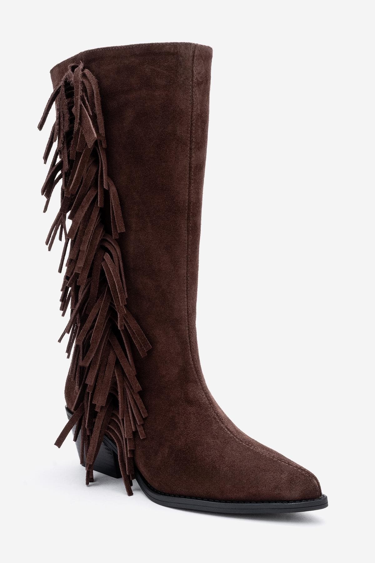Orlo Leather Fringed Western Boot, Main, color, Brown Suede Leather