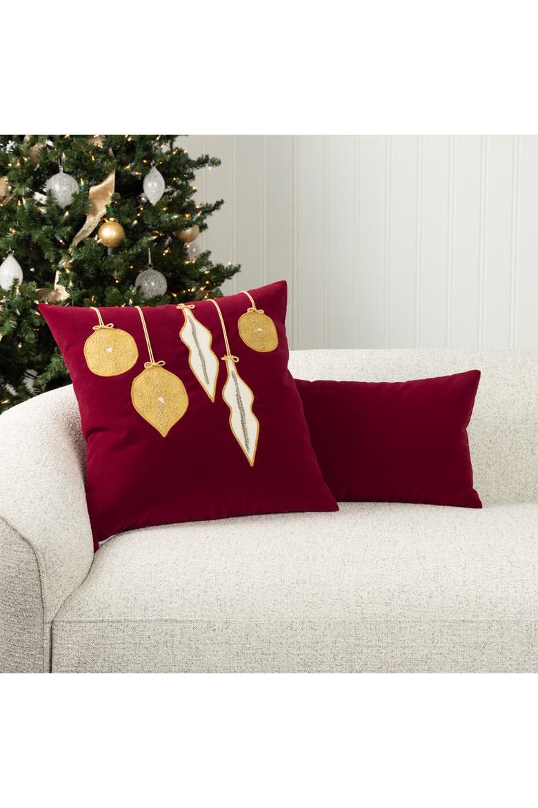 Ornaments Hand Appliqued Indoor & Outdoor Woven Accent Holiday Pillow, Alternate, color, Ruby