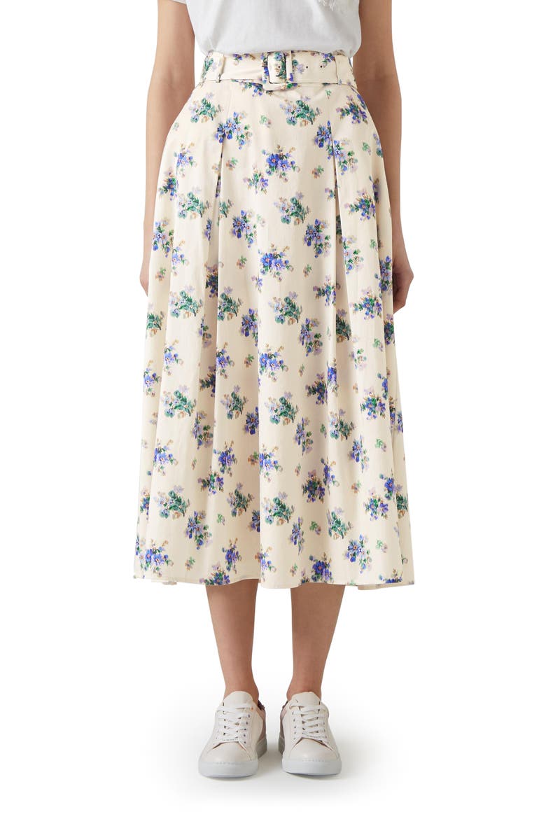 Elodie Floral Belted Organic Cotton Midi Skirt, Main, color, CREAM
